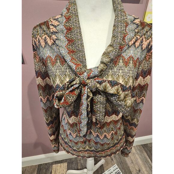 Melissa Paige sheer blouse stripe lace look neck tie large earty boho fall - Picture 2 of 6